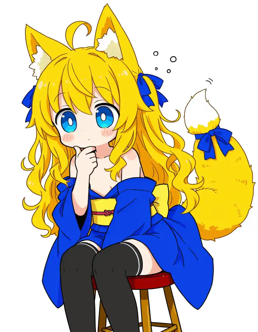 スツールに座って何かを考え込んでいるねつき。あごに手を当てて、思考バブルが浮かんでいる