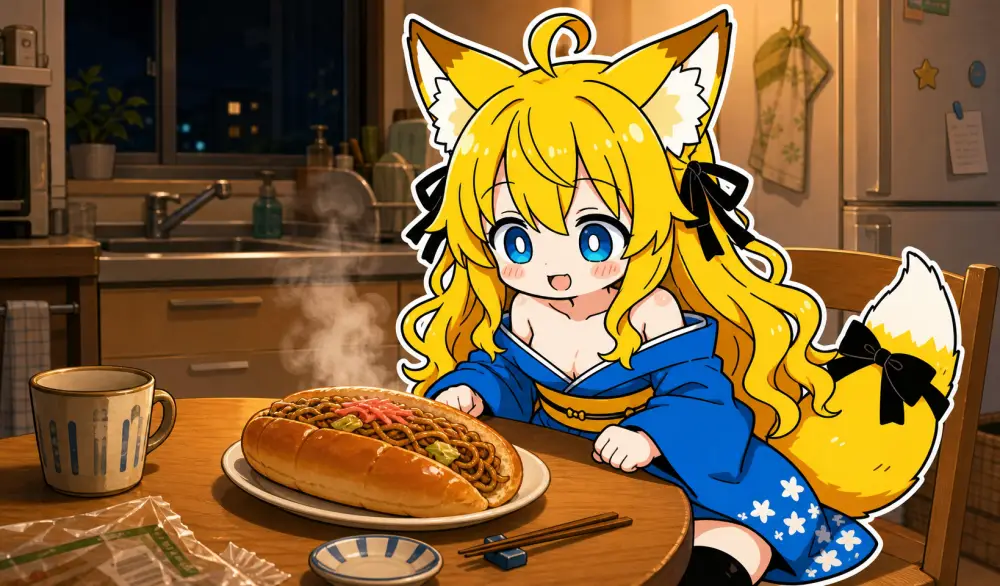 夜の台所のテーブルで、ねつきがこれから焼きそばパンを食べようとしているところ。湯気と温かい照明