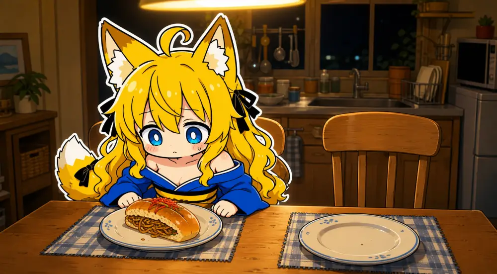 夜の台所のテーブルで、ねつきが冷めかけた焼きそばパンを見ている。隣の席は空で、お皿だけが残っている