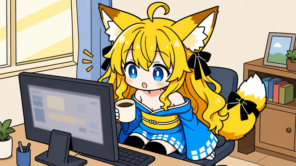 朝の部屋で、ねつきがコーヒーのマグカップを片手に、パソコンの画面を覗き込んで目を丸くしている