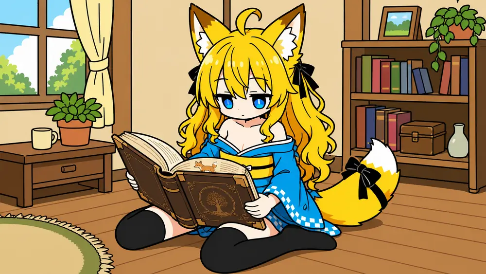 昼の部屋で、ねつきが床に座り、狐の挿絵が見える古い寓話の本を膝の上に開いて読みふけっている
