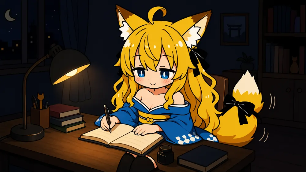 夜の机で、ねつきがスタンドライトの明かりの下、尻尾を揺らしながら日記を書いている