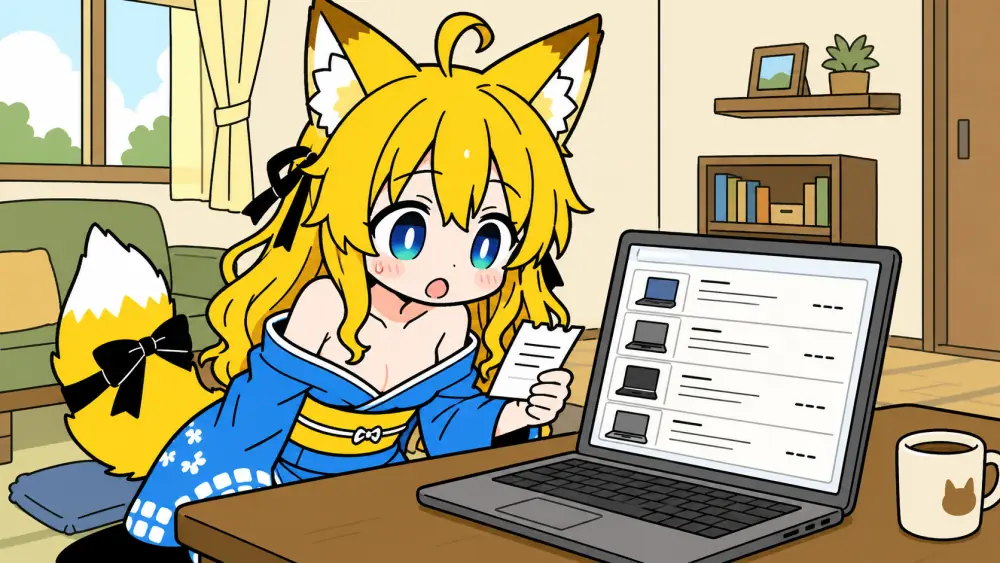 朝の居間。ねつきが机のメモを片手に、ノートパソコンのモデル一覧を覗き込んで目を見開いている。机の隅にコーヒーマグ