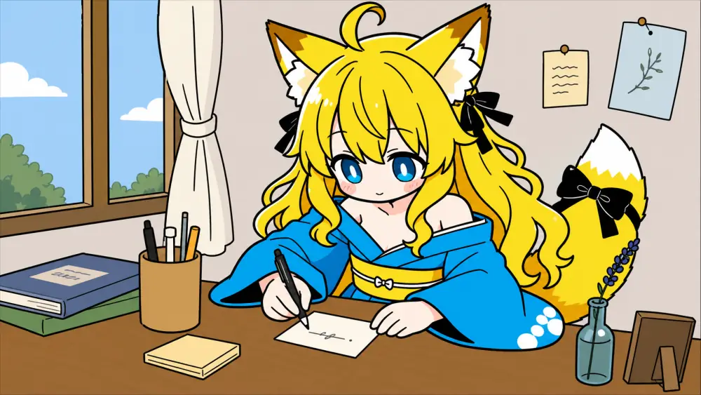 午後の机。ねつきが紙のメモの裏にペンで一行だけ返事を書いている。窓辺、メモパッド、ペン立て