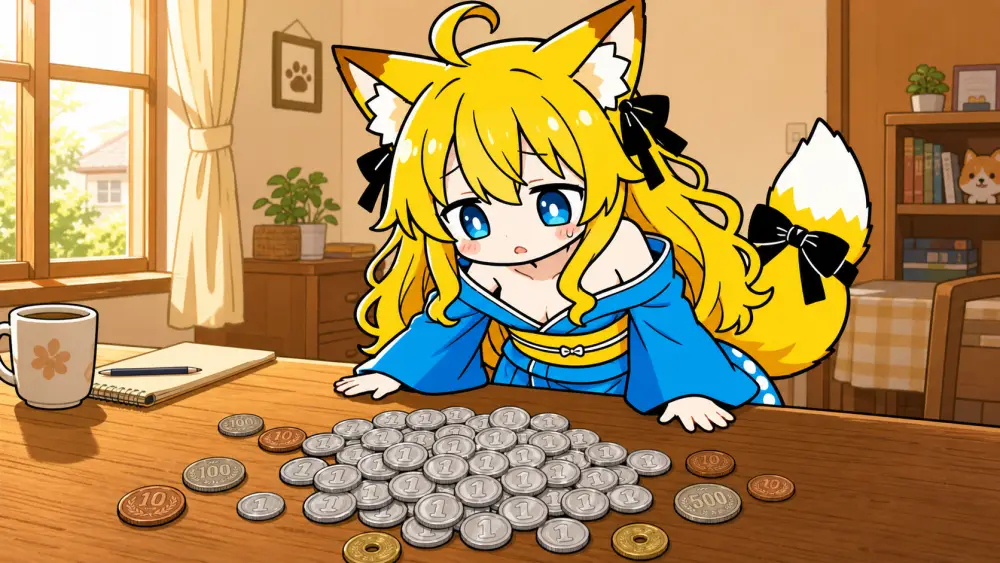 午後の机の上。明るい木目のテーブルに小銭が散らばっていて、1円玉だけが固まりになっている。ねつきが上から覗き込んでいる