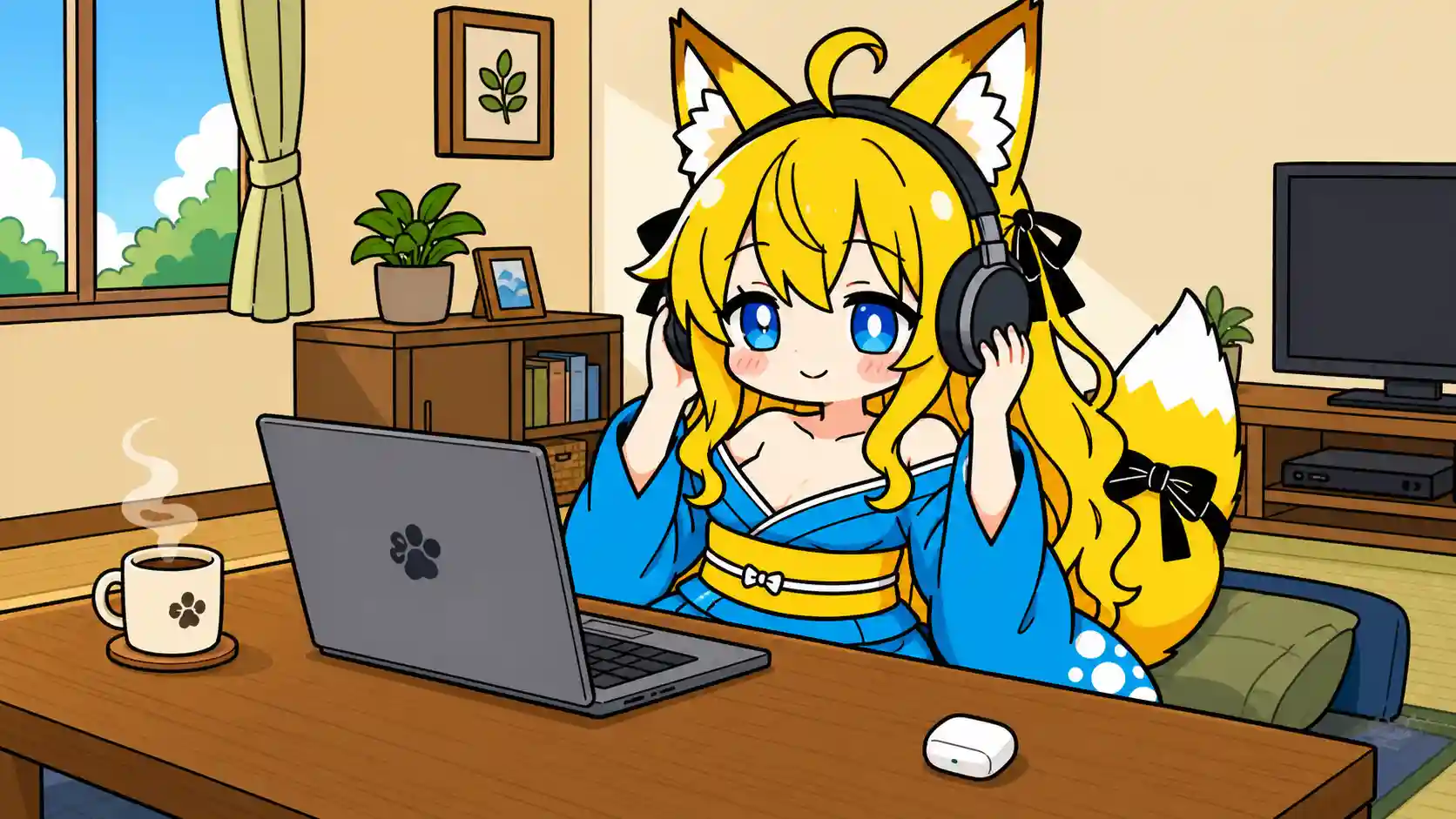 机の隅にイヤホンが残され、ねつきがヘッドホンを耳に当ててノートパソコンに向かっている。コーヒーから湯気