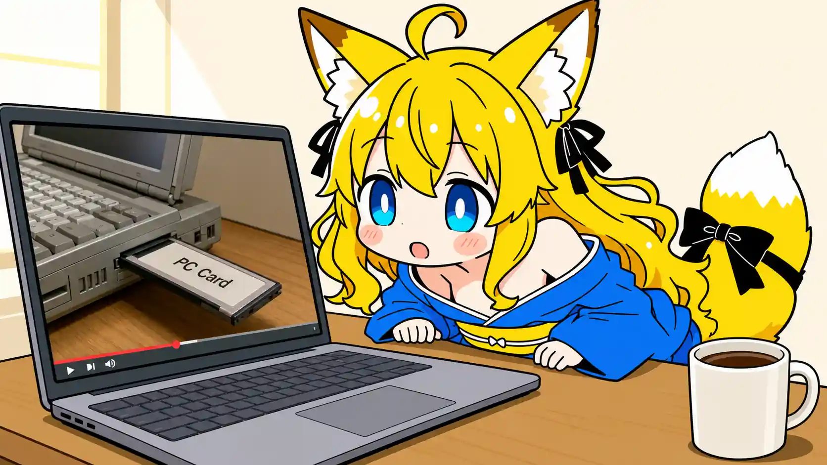 朝の机にノートPC。画面に映る古いノートPCの横腹から、細長いカードが半分顔を出している。ねつきが画面に顔を寄せて目を見開いている