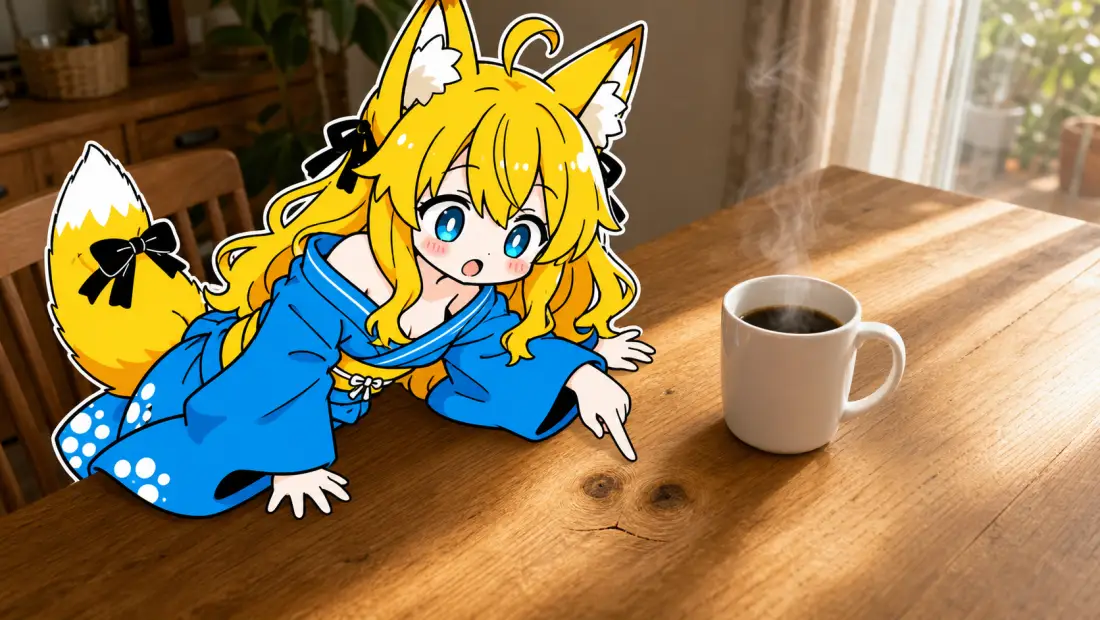 朝の木目テーブルにマグカップが置かれ、湯気がのぼっている。テーブルの木目の節がひとつ、丸く目のように見えていて、ねつきが指でその周りを囲っている