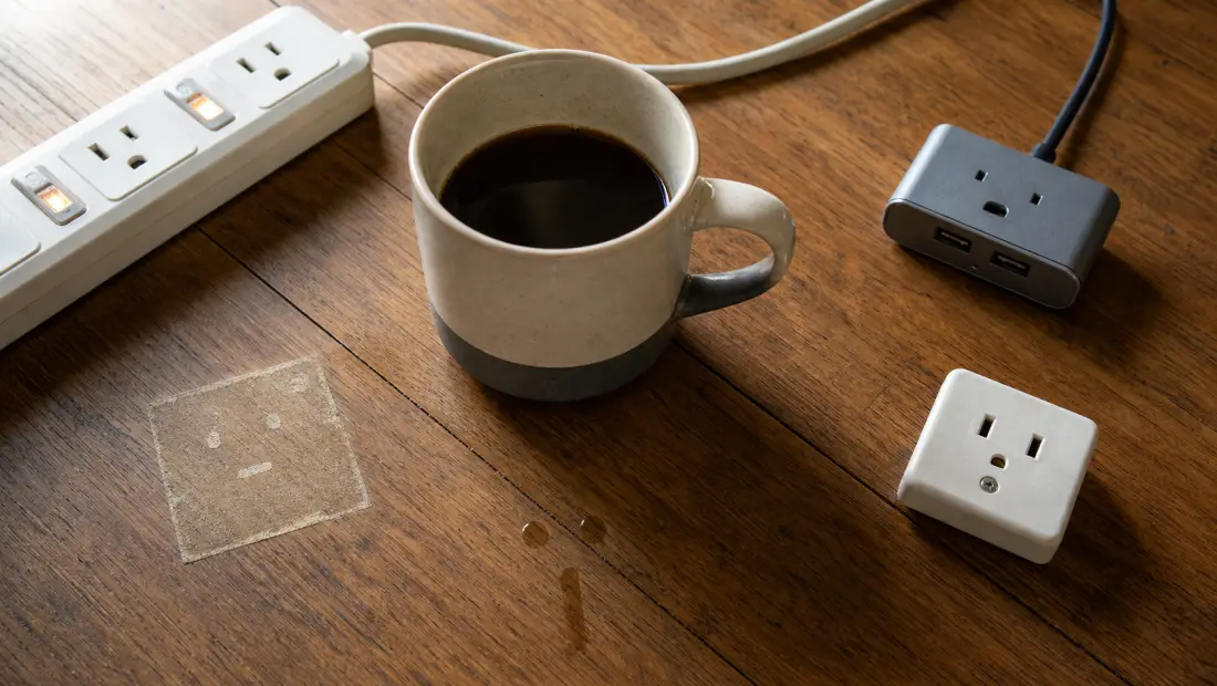 コーヒーマグの横で、コンセント、USBハブ、ポストイット、電源タップのランプなど、机の上のあらゆる物が、それぞれ点ふたつと線ひとつの組み合わせで顔のように見えている
