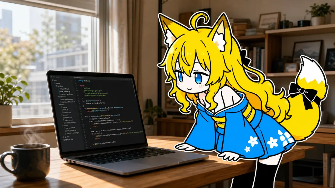朝の机の上に開かれたノートPCのエディタ画面。TypeScriptで書かれたブロック崩しのコードが映り、左のファイルツリーには「breakout-engine」というフォルダ名と、その下に engine、assets、config のサブフォルダが並んでいる。ねつきが両手を机につき、画面を覗き込んでいる