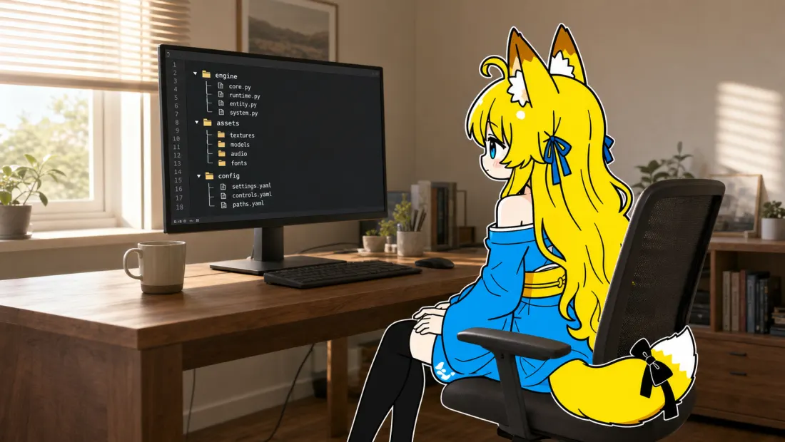 分割されたbreakout-engineのファイルツリーが映るエディタ画面。engine、assets、configのフォルダに分かれている。ねつきが画面の前で両手を膝に置いて、少し背中を丸めている。机にはコーヒーマグ