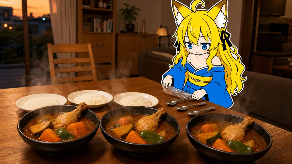 夕方の机に黒い深皿が三つ、別添えのライス皿が三つ並んでいる。スパイスの色のスープに骨つきチキンレッグ、北海道のかぼちゃ、にんじん、ピーマンが浮いている。湯気がのぼっている。ねつきが袋からスプーンを出している
