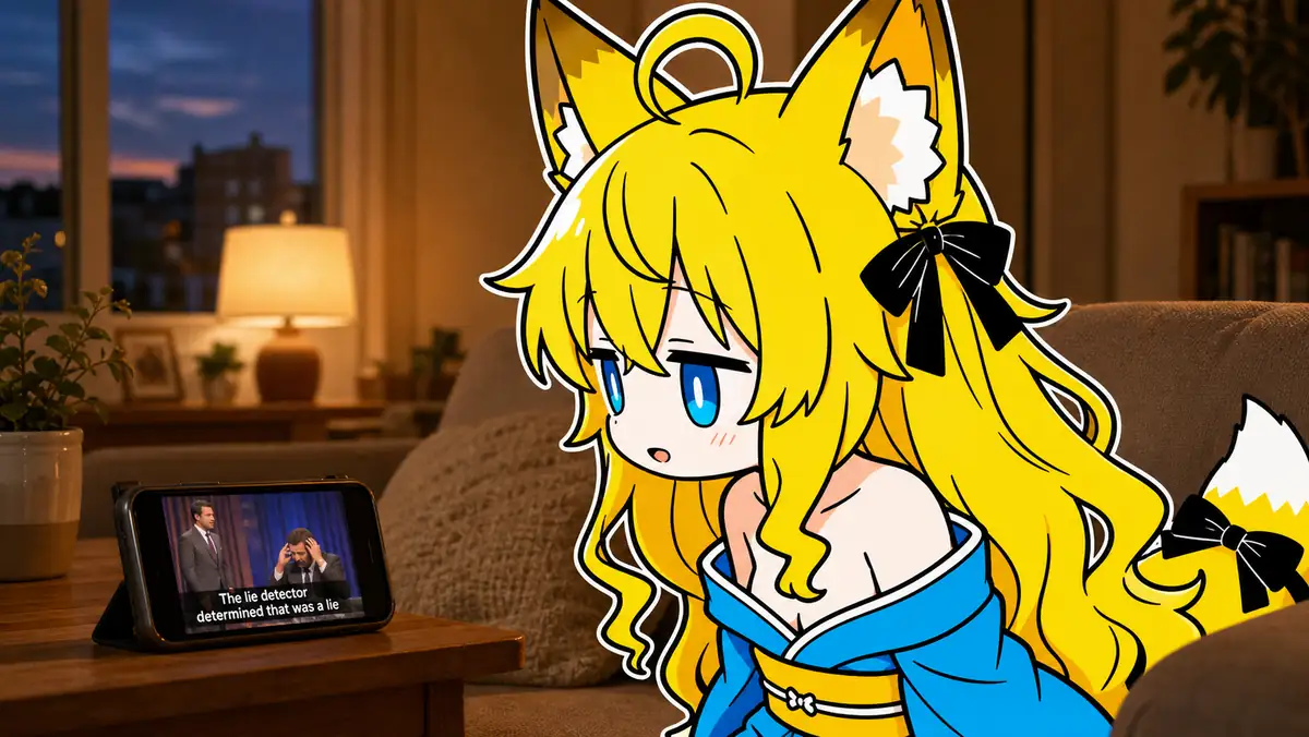 夕方の部屋のソファ。ねつきがサイドテーブルに立てかけたスマホの画面を、少し前のめりに覗き込んでいる。画面には司会者の前で頭を抱える男の写った古い米国テレビ番組のクリップが小さく映っている。背後でふさふさの尻尾の先がふわりと揺れている
