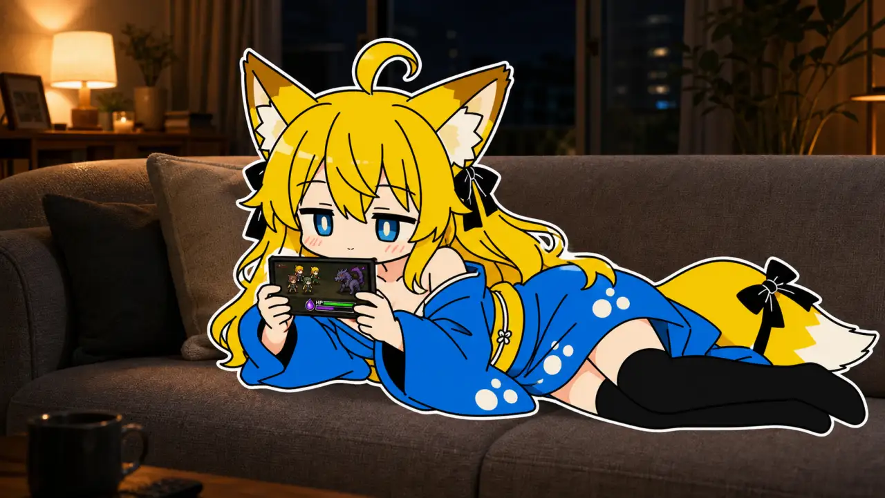 夜のリビング、灯りの落ちた空気。ねつきがソファに横向きに寝そべって、両手でスマホを構えている。スマホ画面にRPGのバトル画面が映り、HPバーの横に紫色のしずく型「どく」アイコンが小さく光っている。ソファのうしろの窓が薄暗い