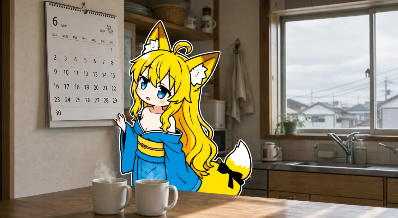 朝の台所。木のテーブルに白いマグカップが二つ、湯気が立っている。窓辺にねつきが立って、壁掛けのカレンダーを6月のページに指をかけたまま止めている。6月の数字の中に、赤い字がひとつもない。窓の外は梅雨明け前の薄曇り