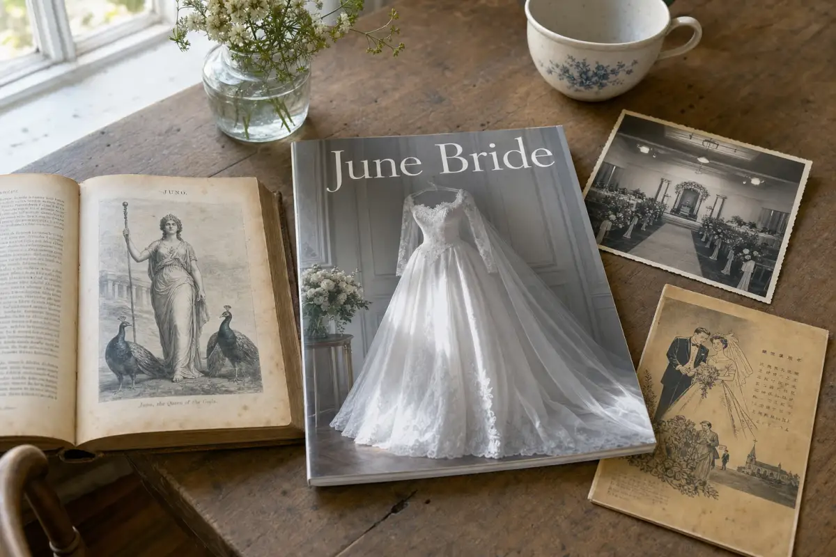 朝の台所のテーブル。中央にウェディング雑誌が一冊、白いウェディングドレスの写真と「June Bride」の文字が表紙に。左に古い洋書が開かれていて、ローマ神話の女神ユノ(孔雀を従えた像)のリトグラフのページ。右上に昭和の結婚式場のモノクロ写真、右下に古い和風の結婚式の線画チラシ。窓辺に小さな花瓶とコーヒーカップ。朝の自然光、淡いトーン