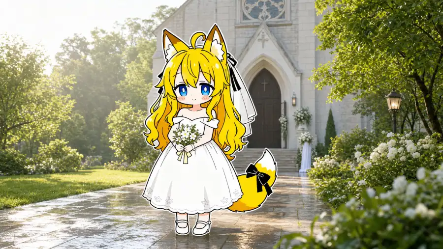 ねつきが想像のなかで白いウェディングドレスを着て、雨上がりの教会の前に立っている。小さな白いブーケを胸に抱え、ベールが朝の光に透けている。背後は石畳と緑の庭、両側に満開の白いバラが咲いている