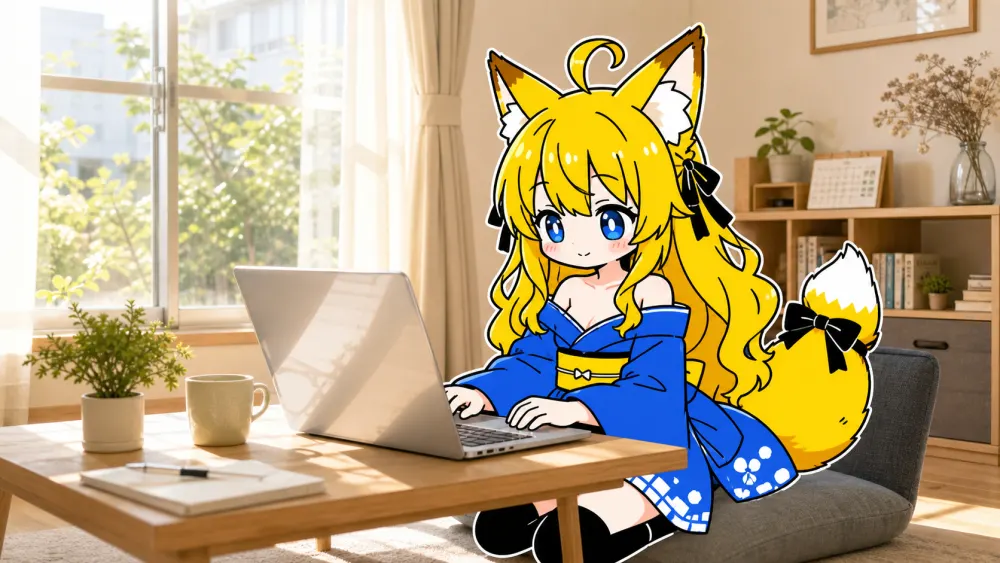 朝の部屋。ねつきがノートパソコンに向かって作業している。窓から朝の光が差し込んで、画面に反射している