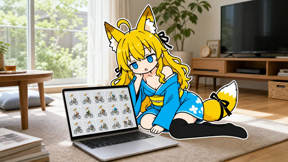 昼過ぎのリビング。ねつきが床に座ってノートパソコンを覗き込み、少し首をかしげている。画面には自転車に乗ったペリカンの絵がいくつも小さく並んでいる。窓から柔らかい昼の光が差している