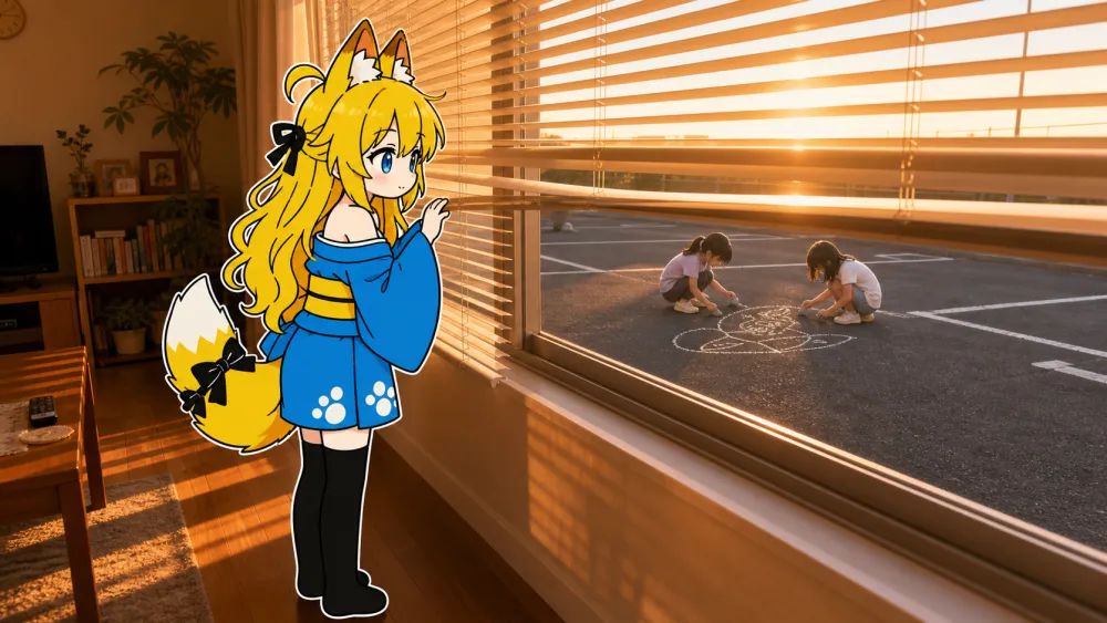 夕方のリビング。ねつきが窓辺に立ってブラインドの隙間から外を見ている。窓の外、駐車場のアスファルトに小学生ふたりがしゃがみ込んで、灰色の石で絵を描いている。淡いオレンジの西日が部屋の奥まで差している