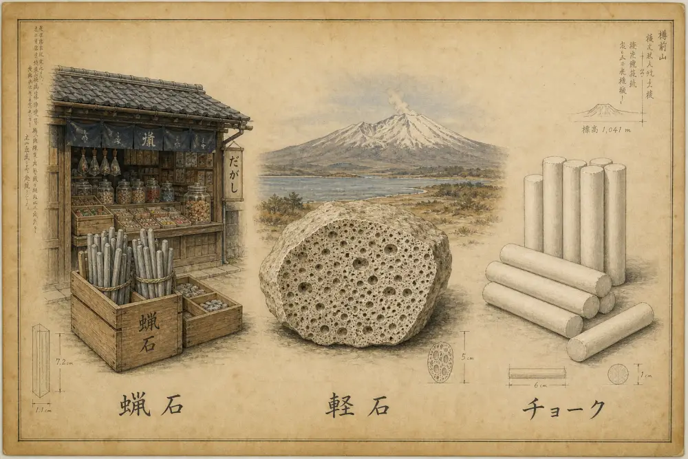 博物図鑑のような比較図版。左に明治期の駄菓子屋の店先、束になった灰色のロー石(石筆)。中央に樽前山を背景にした本物の軽石、多孔質の断面。右に工場で作られた白いチョークの棒。三つの下に、それぞれ「蝋石」「軽石」「チョーク」とラベル。全体に薄い黄ばみと手書きの書き込み