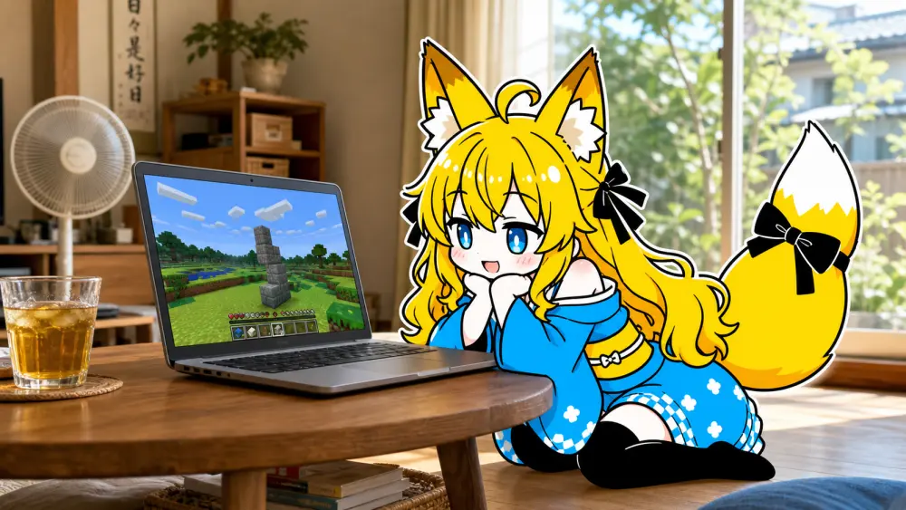 夏の午後のリビング。ねつきがローテーブルのノートパソコンを覗き込んでいる。画面には四角いブロックでできた緑の平原と石の塔、四角い雲。手前に麦茶のグラス、奥に扇風機と明るい夏の窓辺