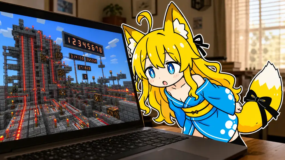 ノートパソコンの画面に顔を寄せるねつき。画面の中は四角いブロックの世界で、石の壁に赤く光る配線が走り、大きな表示板に数字が光っている。画面の光が顔をほんのり照らしている