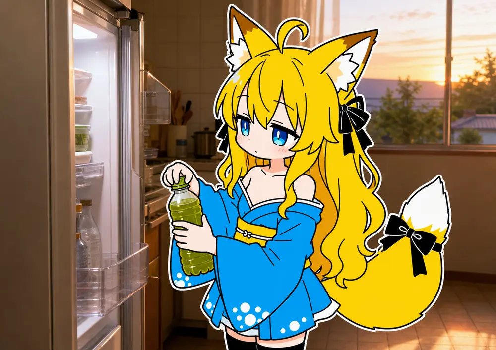 夕方のキッチン。冷蔵庫の扉を開けたねつきが、緑がかったペットボトルを手にして、蓋を指の腹で回している。奥の調理台でおろし金の横にミョウガを並べるミコの背中。窓の外はまだ明るく、夏の夕暮れの黄金色が、床のタイルに落ちている