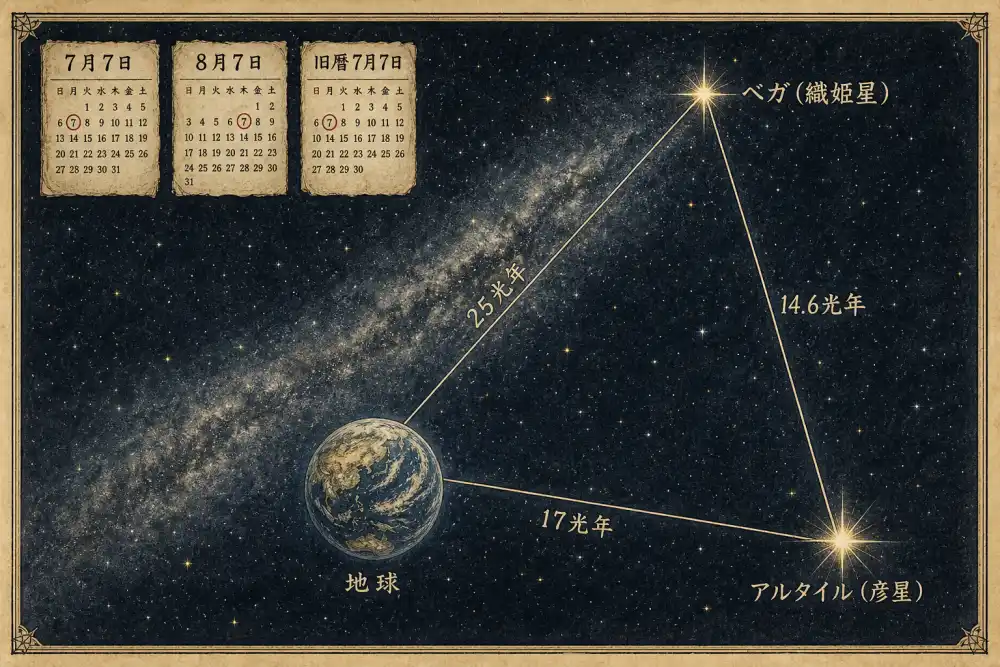 博物図鑑のような星図。中央下に地球、右上にベガ、右下にアルタイルを配置した三角形。地球とベガを結ぶ辺に「25光年」、地球とアルタイルを結ぶ辺に「17光年」、ベガとアルタイルを結ぶ辺に「14.6光年」と手書き風の数値を記す。背景に天の川の帯を淡く描き、隅に七夕の三つの日付(7月7日・8月7日・旧暦7月7日)を示す小さな暦の断片を添える。全体に薄い黄ばみ