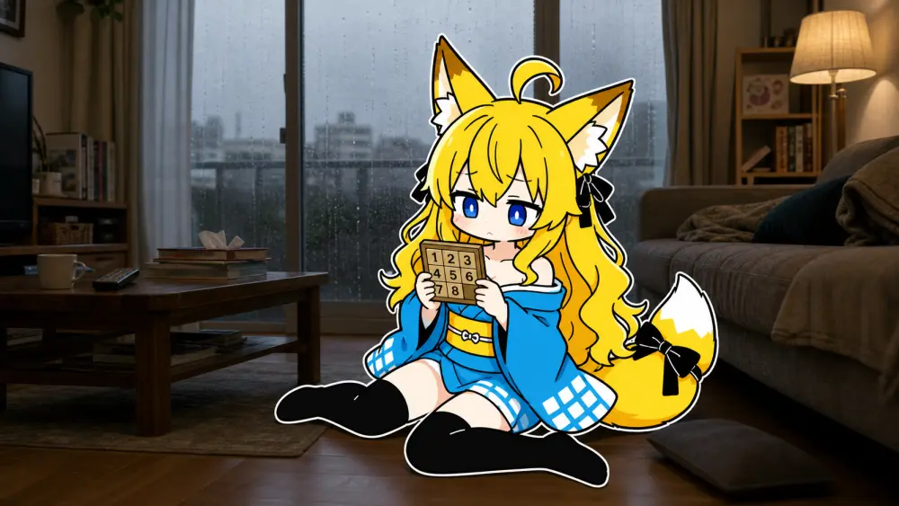 昼過ぎの薄暗いリビング。窓に細い雨の筋が流れ、外は灰色。ねつきが床に座って、手のひらサイズのスライドパズルを両手で持ち、少し困った顔で数字の駒を見ている。奥の台所には、干したままのタオルが下がっている。照明はついているのに、部屋は昼なのに薄暗い