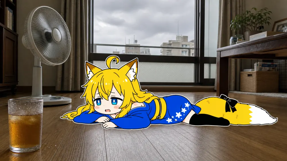 午後の薄暗いリビング。ねつきが木の床にお腹をつけて寝そべり、顔だけ上げて扇風機を見ている。金色のふさふさ尻尾が力なく床に広がる。手前に汗をかいた麦茶のグラス、奥の台所にミコの後ろ姿と湿ったふきん。窓は開いているが、レースカーテンは微動だにしない。窓の外は灰色がかった白い空