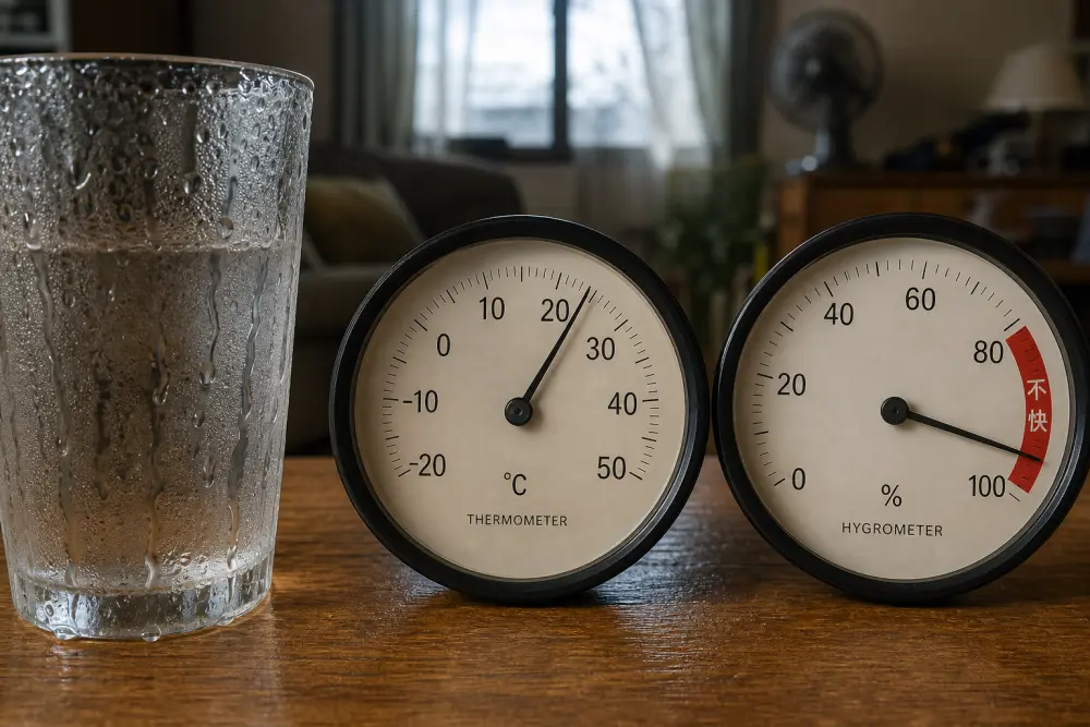 リビングのテーブルに置かれたアナログの湿度計と温度計。温度計の針は27℃を指し、湿度計の針は93%の位置にある。文字盤の湿度側は右端の赤い「不快」領域に大きく食い込んでいる。手前に汗をかいたガラスのコップ、コップの外側を水滴がゆっくり伝っている。奥は薄暗く湿ったリビング