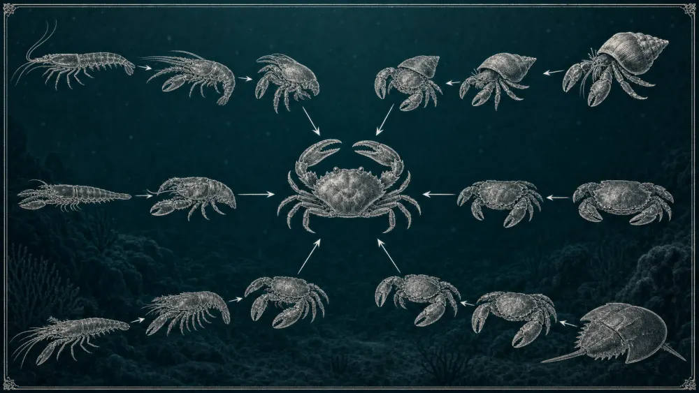 深い海の底のイラスト。中央から放射状に、まったく違う生き物のシルエットが、少しずつカニの形に近づいていく様子が並んでいる。細長いエビのような姿、殻を背負ったヤドカリ、平たいザリガニのような姿、そして完全なカニ。すべての矢印が中央のカニの形へ向かっている。青い海水の中、白い線画で描かれ、古い図鑑の系統樹のような雰囲気