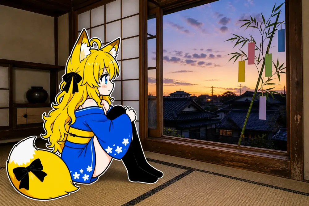 夕暮れの和室。ねつきが畳の上で膝を抱えて座り、顔と耳を開いた窓のほうへ向けている。窓の外の縁側には笹の枝が一本立ち、色とりどりの短冊が下がっている。その向こうに瓦屋根の住宅街と、藍色から橙色へ移る空が広がる。部屋の奥には障子と、壺を載せた木の棚
