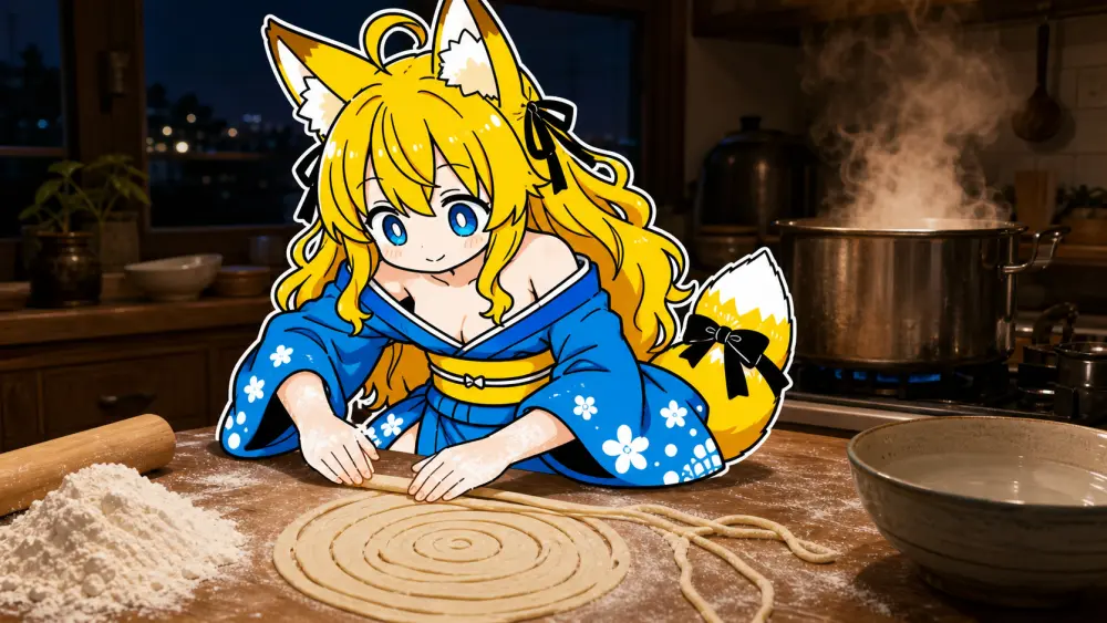 夜の台所。ねつきが木の作業台に身を乗り出し、粉のついた手で麺を伸ばしている。台の上には麦色の生地が円盤状に広げられ、渦巻きに沿って切れ目が入っている。端から引き出された一本が、細い紐になって台の上を這っている。手前に白い粉の小山と木の麺棒、右手に大きな鉢。奥のコンロでは寸胴の湯が沸き、湯気が高く立ちのぼっている。窓の外は暗く、遠くに街の明かりが点々と見える