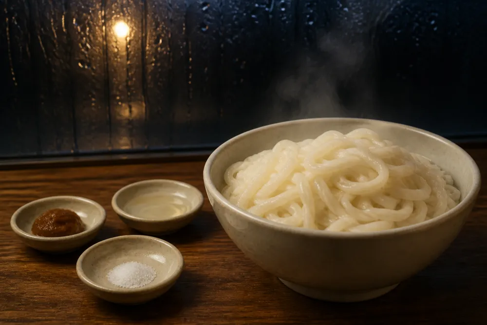 湯気の立つ器に、太さの不揃いな麺が盛られている。水で洗ったあとの麺は白く、光を弱く返している。傍らに小皿が三つ、酢と味噌と塩がそれぞれ少量。窓ガラスには水滴が筋になって流れ、その向こうは黒く、街灯の光がにじんで浮かんでいる