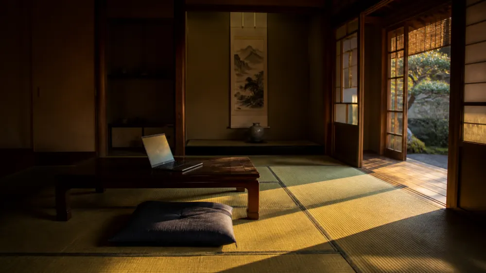夕暮れの和室。人はいない。低い座卓の上でノートパソコンが開いたまま画面を光らせ、その手前に座布団が一枚、誰も座らないまま置かれている。開いた縁側から西日が低く差し込み、畳を斜めに横切って明るい帯をつくっている。奥の床の間に山水の掛軸と壺。部屋の左半分は影に沈んでいる
