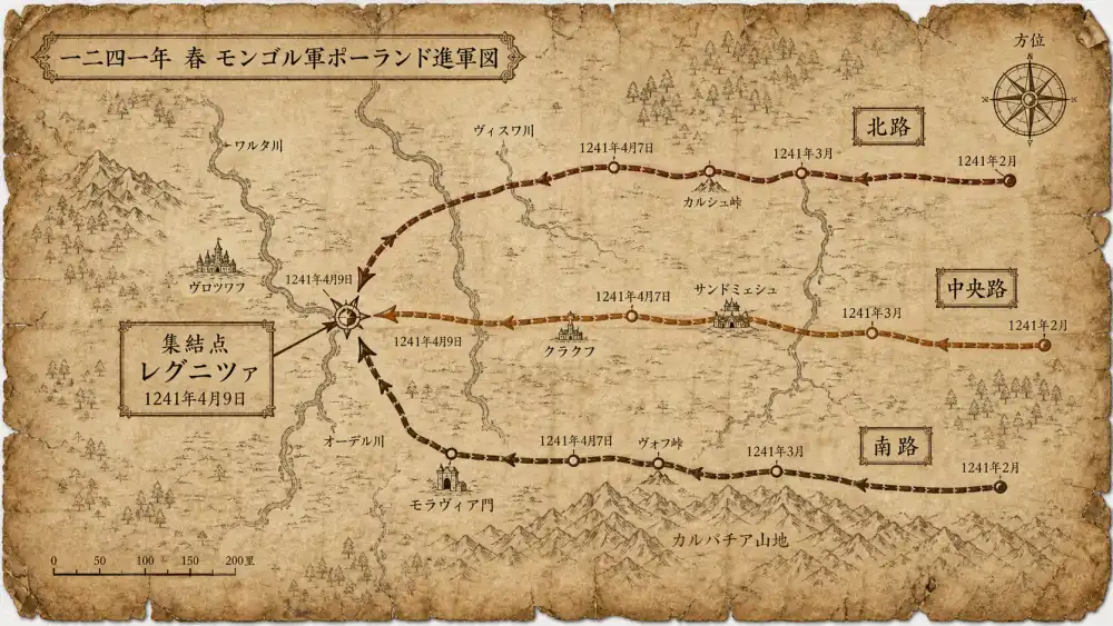 古い羊皮紙の地図。表題は「一二四一年 春 モンゴル軍ポーランド進軍図」。北路・中央路・南路と記された三本の破線が、それぞれ別の峠と川を越えて西へ進み、左寄りの一点で交わっている。合流点には「集結点 レグニツァ 一二四一年四月九日」の枠書きが添えられ、三本すべての矢印がそこを指す。各経路には二月、三月、四月七日と日付の刻みが等間隔に並ぶ。地形は簡略な線画で、山脈、森、河川、城郭が描かれ、右上に方位盤、下辺に里の縮尺