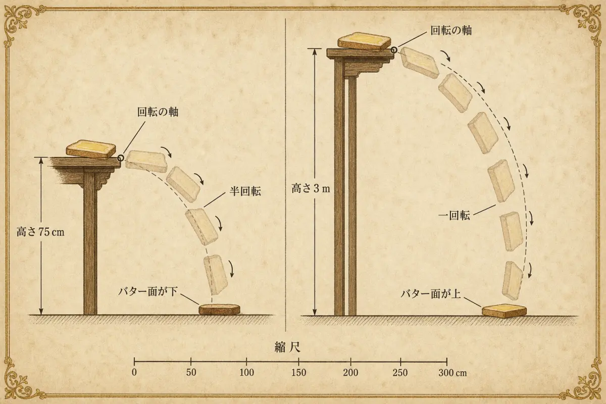 古い理科図鑑の一葉のような断面図。左に高さ七五センチと記された机があり、端から滑り出したトーストが端を軸に回転しながら落ちる軌跡が、点線の弧と五つの残像で描かれ、床で裏返しになっている。右には高さ三メートルと記された細長い机が並び、同じ軌跡が一回転して表向きで着地している。各部に日本語のラベルと引き出し線、下辺に縮尺、紙は黄ばんで四隅に飾り罫がある