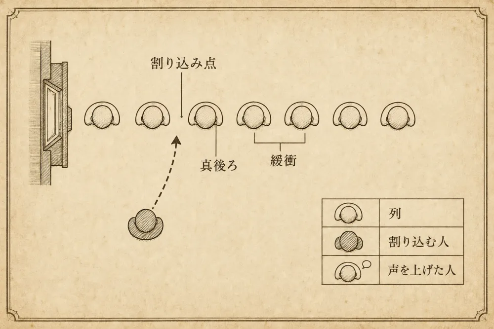 古い図鑑風の図版。上から見た郵便局の列。左に窓口、右へ七人が並び、二人目と三人目の間に横から入る人が破線の矢印で描かれている。「割り込み点」「真後ろ」「緩衝」の注記と、右下に凡例