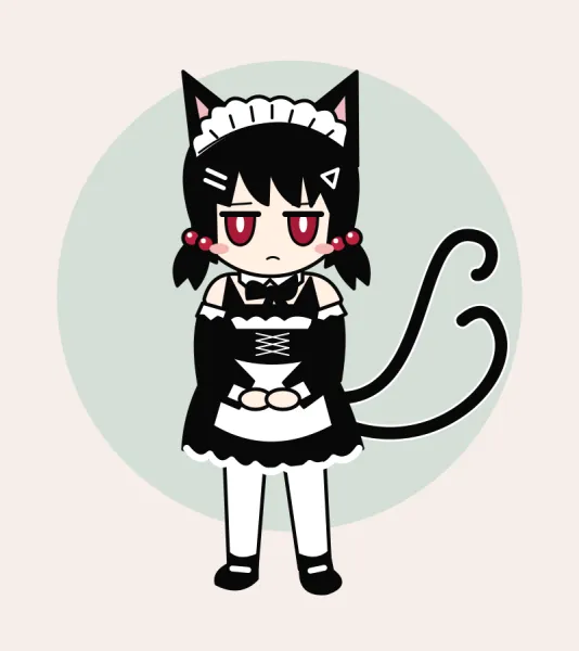 薄い緑の丸を背景に、正面を向いて立つミコ。黒い内巻きの髪に白いヘッドドレス、黒い猫耳。赤い目は半分閉じていて、口は横一文字。黒いメイド服に白いエプロン、白いタイツ。黒い尻尾が二本、左右に分かれて立っている