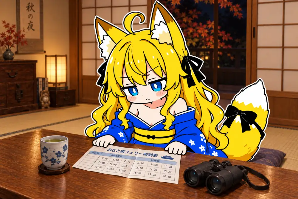 夜の和室。ねつきが座卓に広げたフェリーの時刻表を両手で押さえて、ふてくされた顔でのぞき込んでいる。座卓の上には湯呑みと双眼鏡。障子の向こうは暗く、部屋には行灯の暖かい光