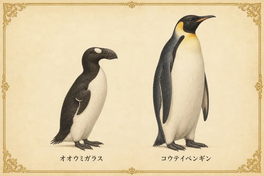 古い図鑑の一葉のような比較図。黄ばんだ紙に金の飾り罫。左に黒い背と白い腹のオオウミガラス、目の前に白い斑、太い嘴、短い翼。右にそれより一回り大きいコウテイペンギン、頭の横に黄色の斑。下に「オオウミガラス」「コウテイペンギン」の名札