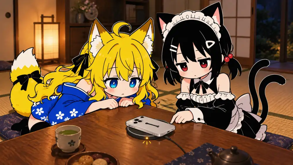 夜の和室。座卓の上の丸い充電パッドに、スマホが裏返しで少し端に寄せて置かれ、パッドの小さなランプが光っている。ねつきとミコが並んで座卓に顎を乗せ、ねつきはランプをじっと見て、ミコは指先をパッドの縁に伸ばしている。ミコの前髪に白いヘアピン。手前に湯呑みと急須