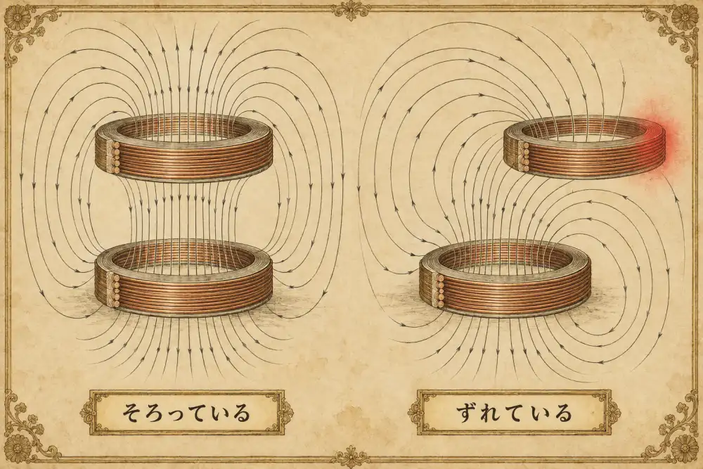 古い理科の図鑑のような比較図。黄ばんだ紙に金の飾り罫。左は下の送電コイルと上の受電コイルが同じ軸で重なり、磁力線が素直に通っている。右は上のコイルが横にずれ、磁力線の多くがコイルの外へ逃げ、ずれた縁に赤い熱のにじみがある。下に「そろっている」「ずれている」の名札