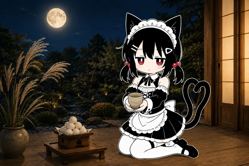 お月見ミコ♪ すすきとお団子を添えて、縁側でお茶をどうぞ〜